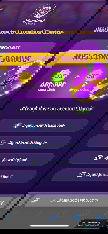 Mobile screenshot of the registration page at Lunaland Casino.