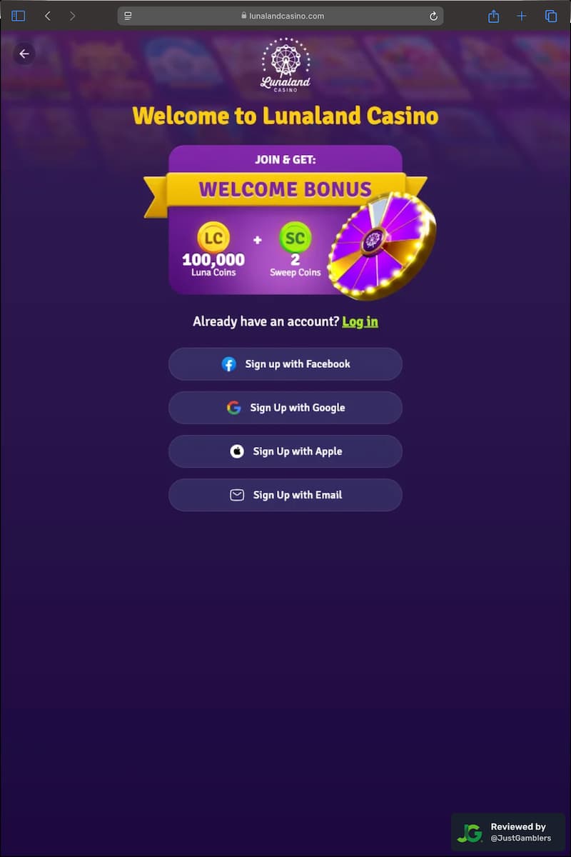 Tablet screenshot of the registration page at Lunaland Casino.