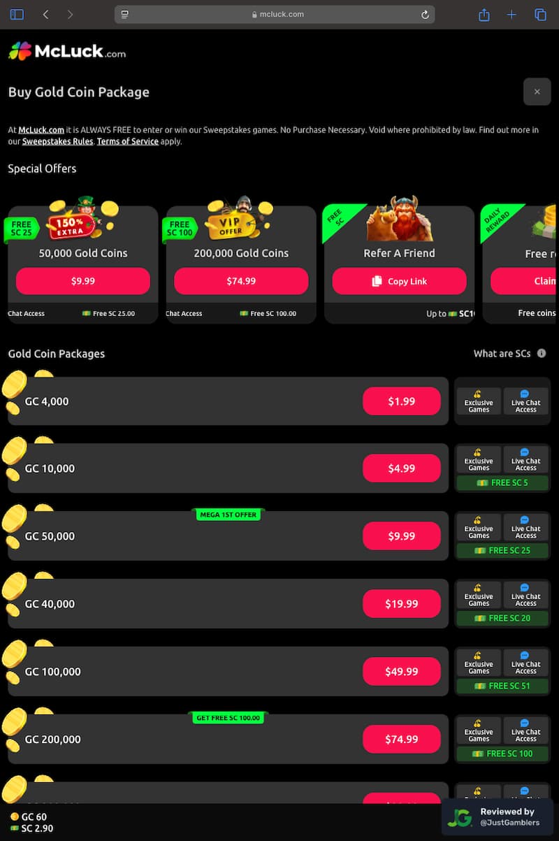 Tablet Screenshot of McLuck Coin Purchase Page