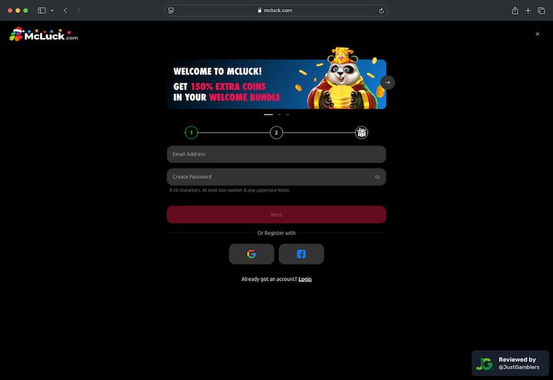 Desktop Screenshot of McLuck Registration Page