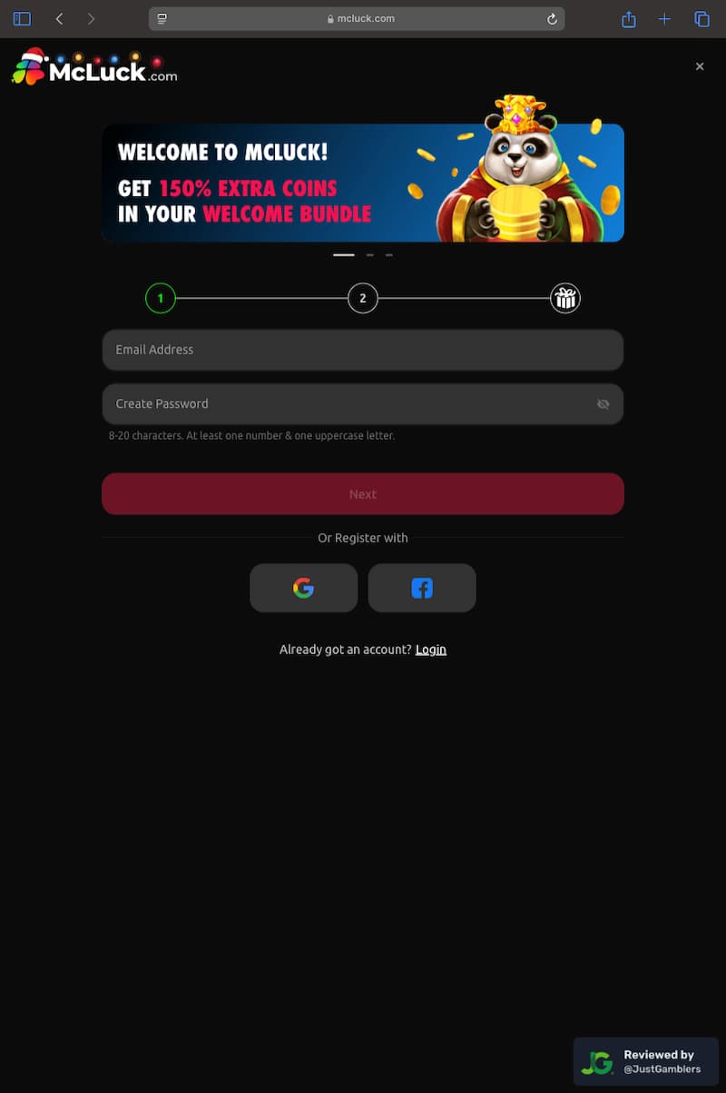 Tablet Screenshot of McLuck Registration Page