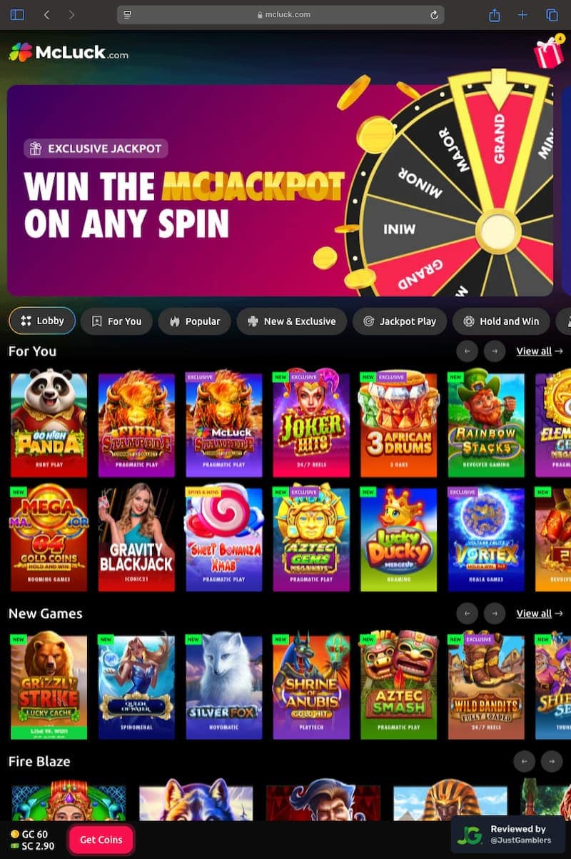 Tablet Screenshot of McLuck Starting Page