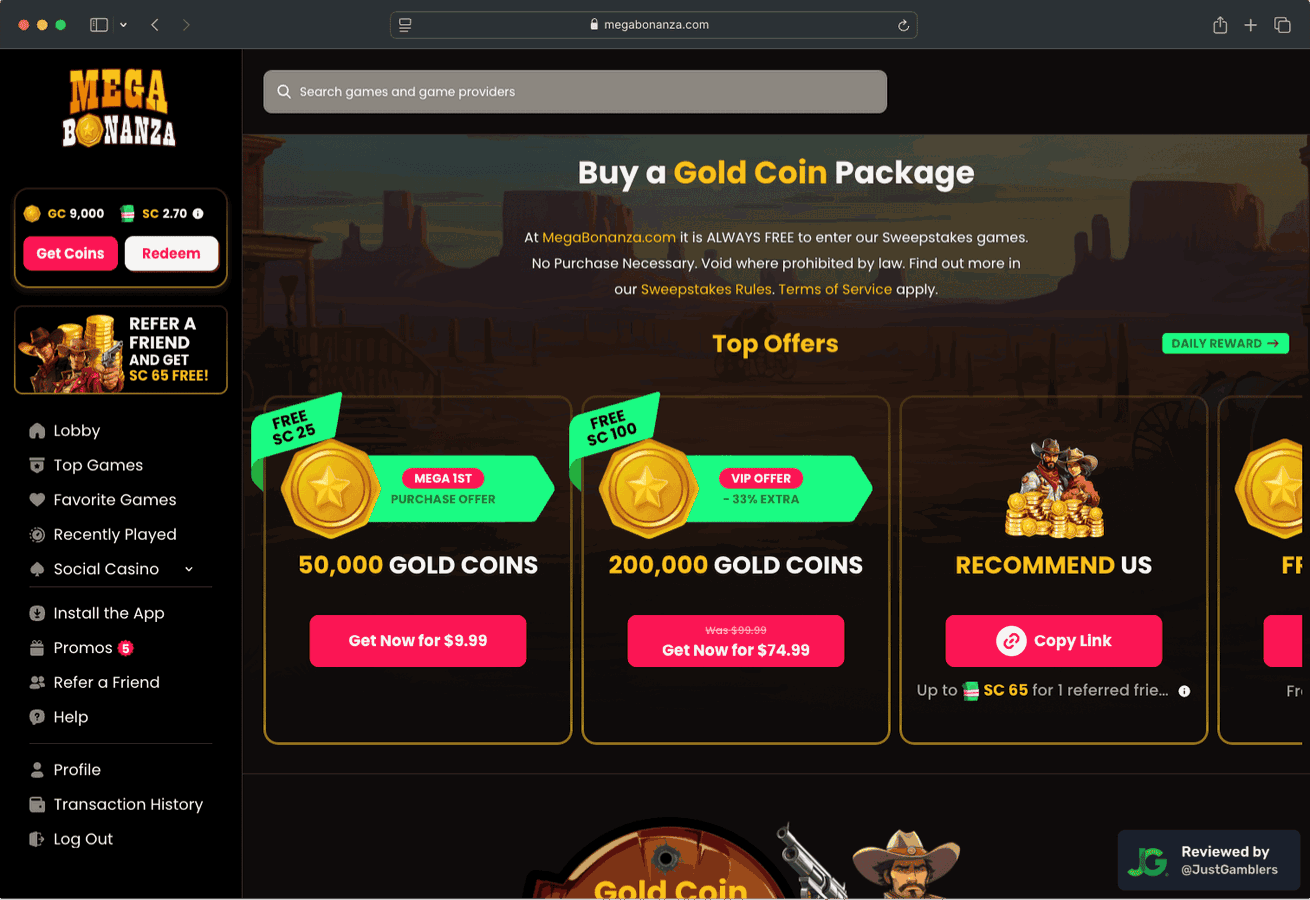 Desktop screenshot of the coin purchase process at Mega Bonanza.