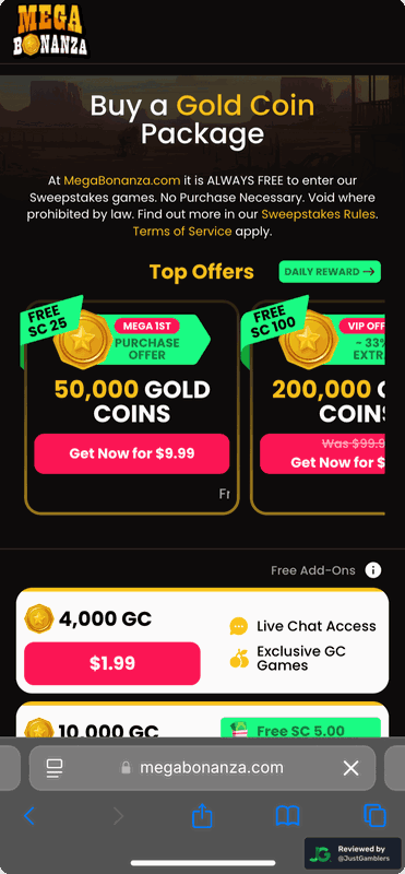 Mobile screenshot of the coin purchase process at Mega Bonanza.