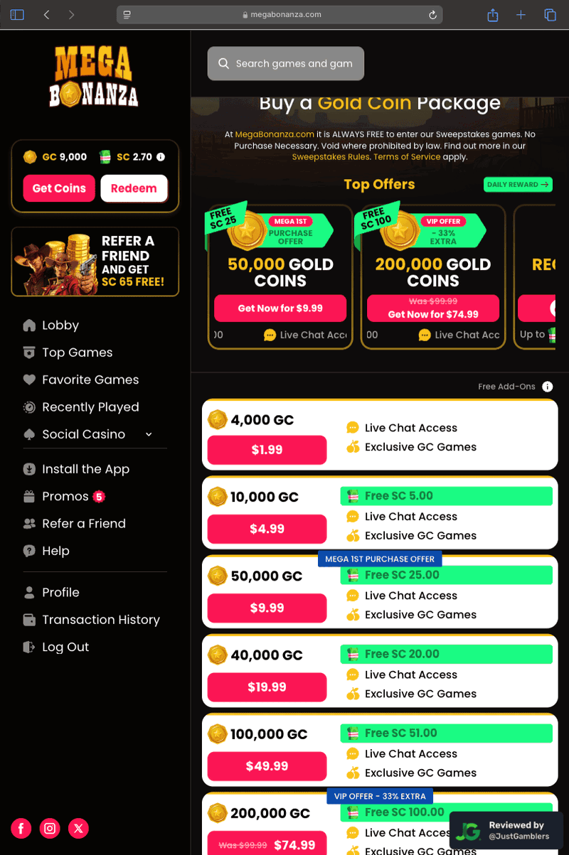 Tablet screenshot of the coin purchase process at Mega Bonanza.