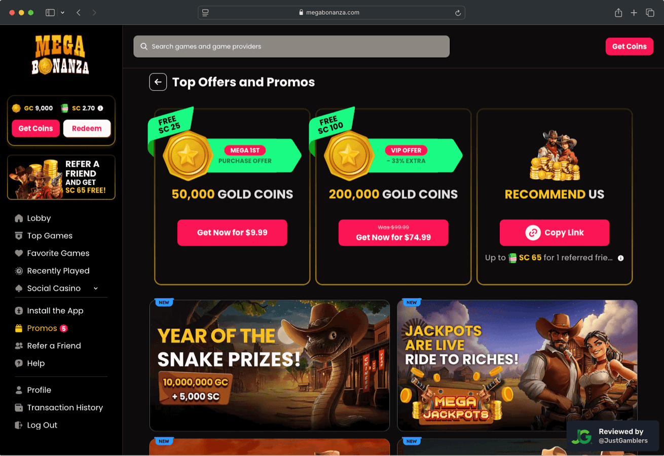 Desktop screenshot of the promo page at Mega Bonanza.