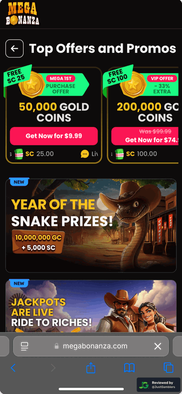 Mobile screenshot of the promo page at Mega Bonanza.