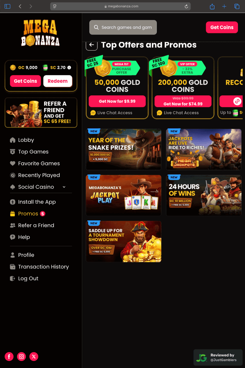 Tablet screenshot of the promo page at Mega Bonanza.