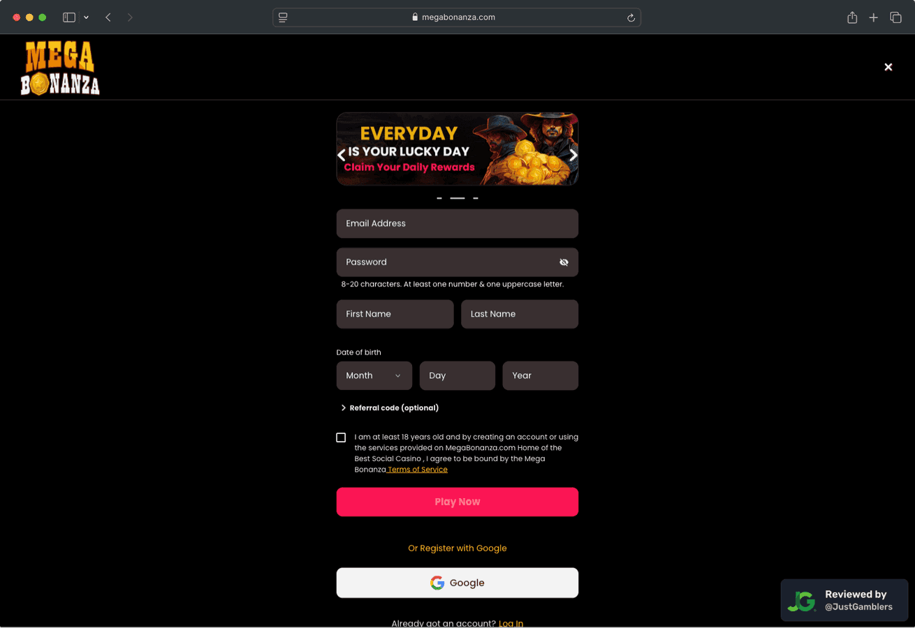 Desktop screenshot of the registration page at Mega Bonanza.
