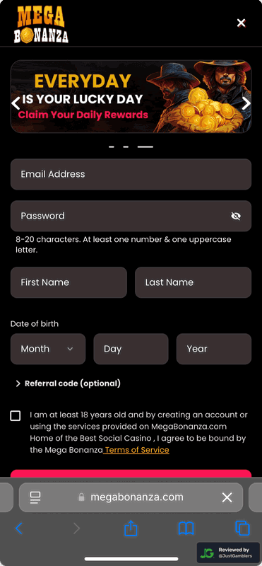 Mobile screenshot of the registration page at Mega Bonanza.