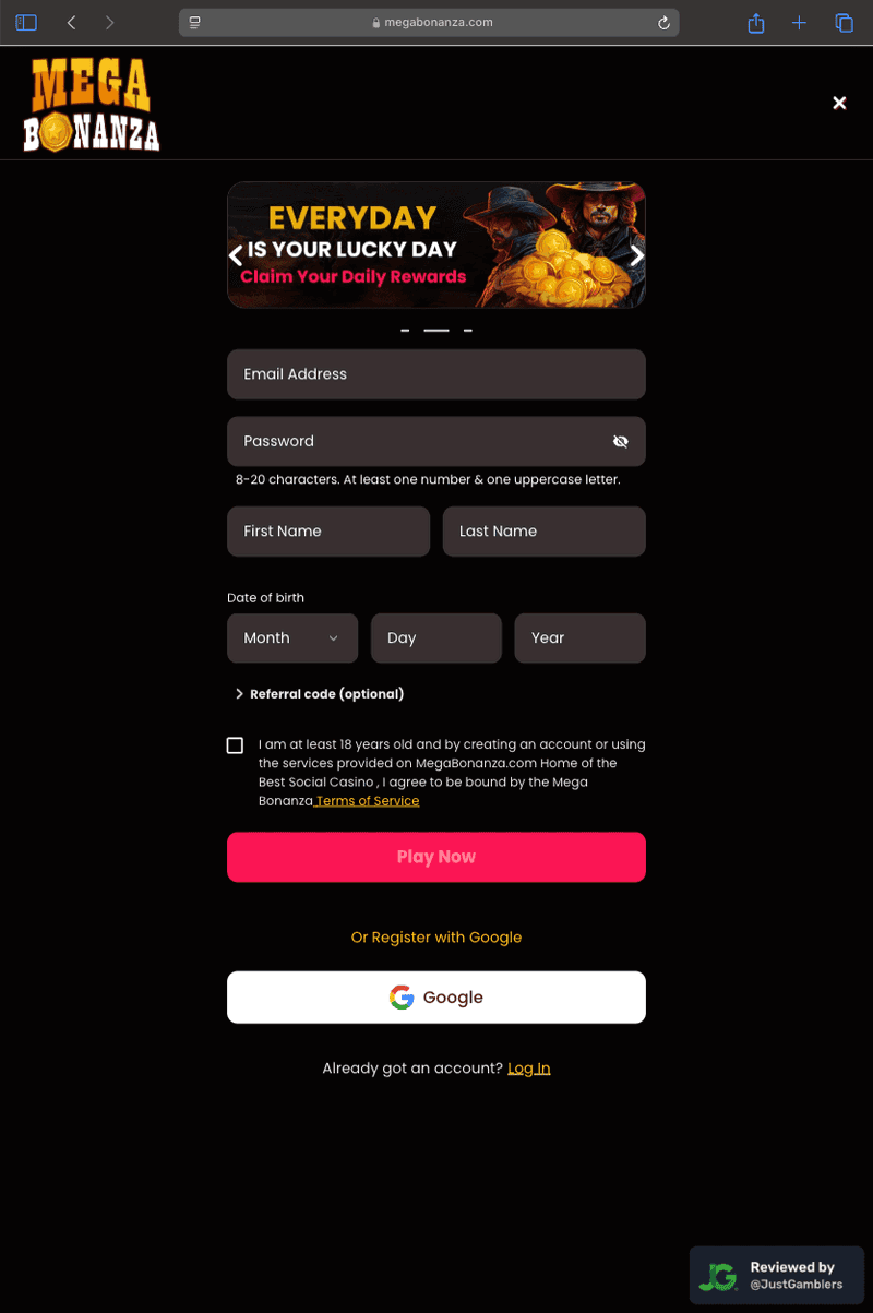 Tablet screenshot of the registration page at Mega Bonanza.