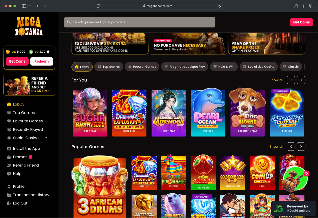 Desktop screenshot of the starting page at Mega Bonanza.