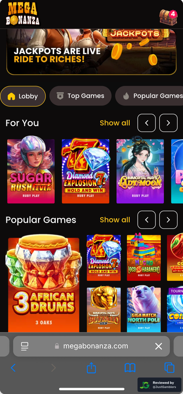 Mobile screenshot of the starting page at Mega Bonanza.