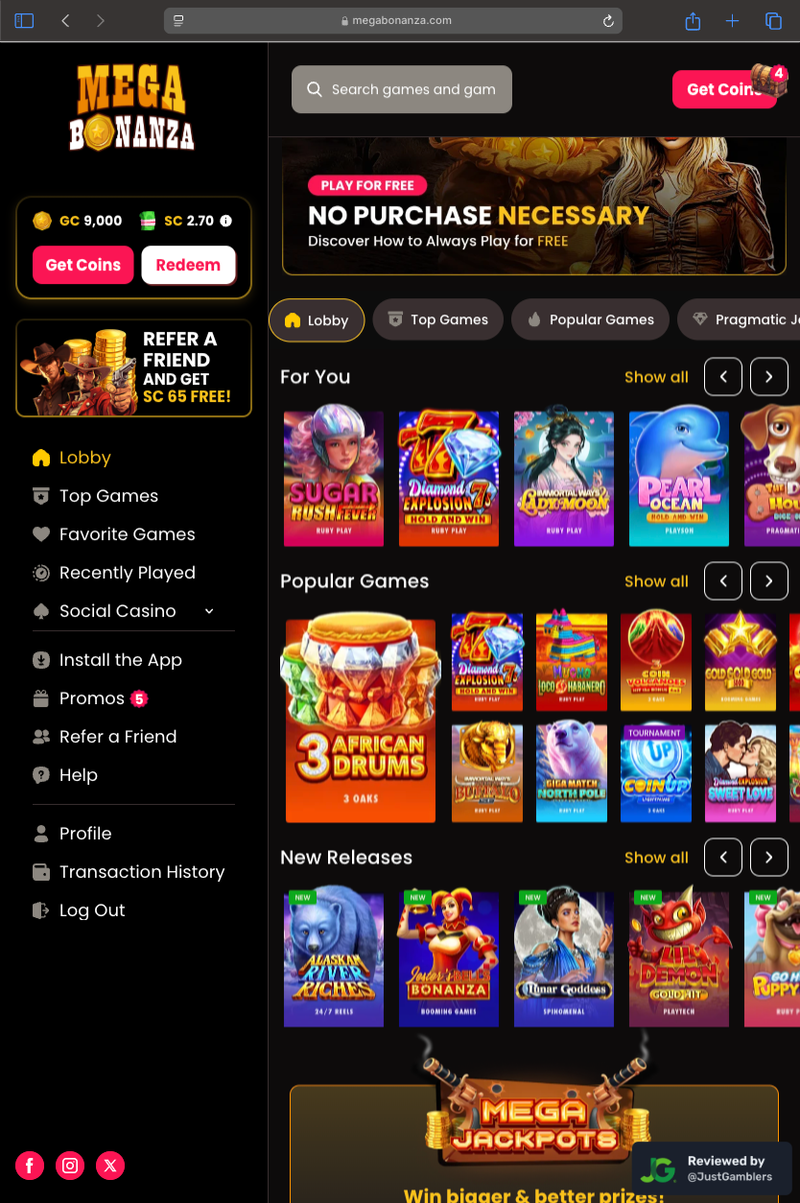 Tablet screenshot of the starting page at Mega Bonanza.