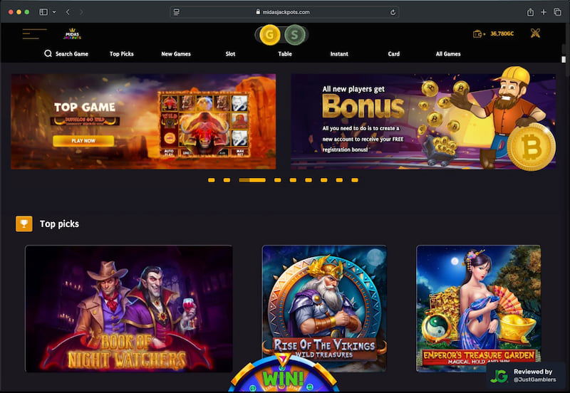 Desktop screenshot of the starting page at Midas Jackpots.