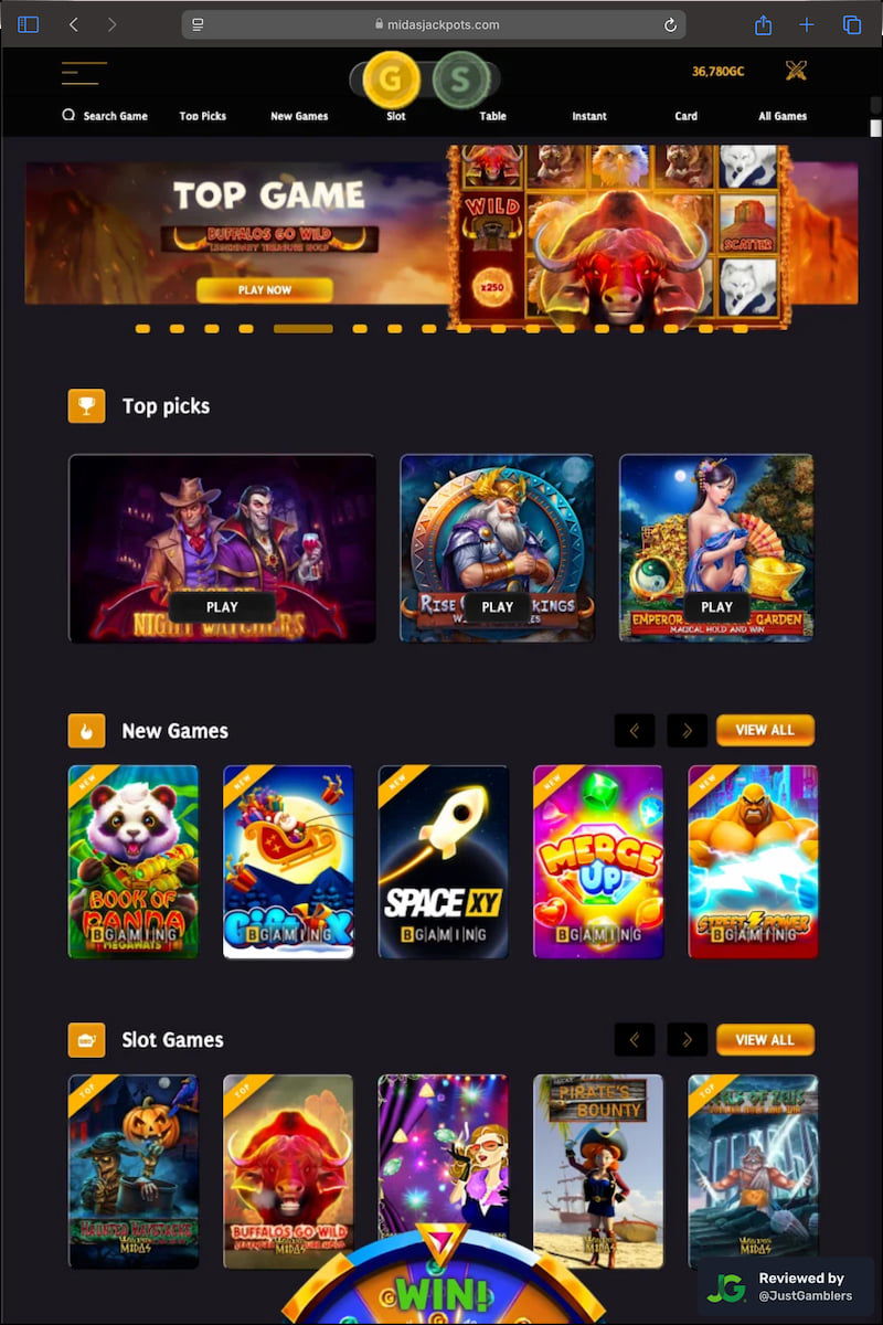 Tablet screenshot of the starting page at Midas Jackpots.