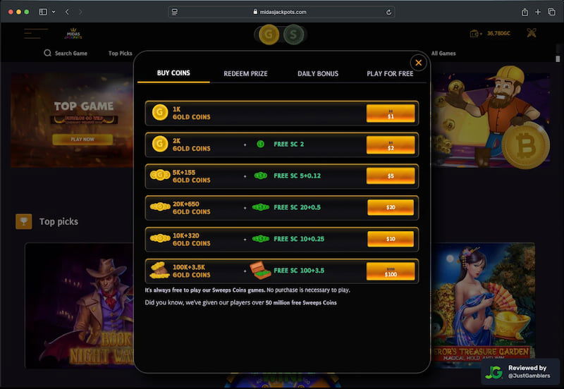 Desktop screenshot of the coin purchase process at Midas Jackpots.