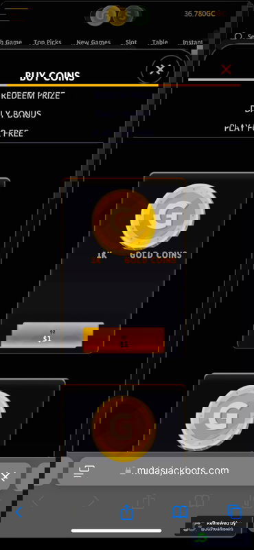 Mobile screenshot of the coin purchase process at Midas Jackpots.