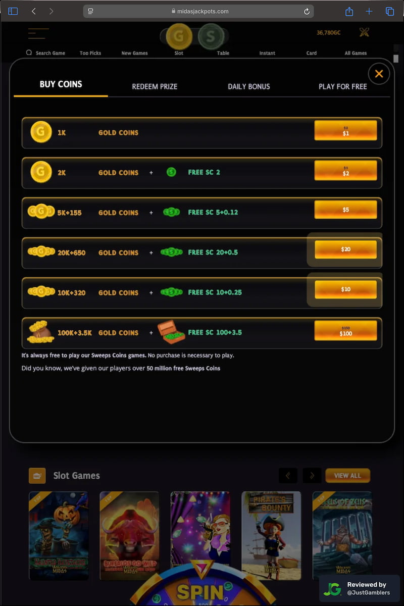 Tablet screenshot of the coin purchase process at Midas Jackpots.
