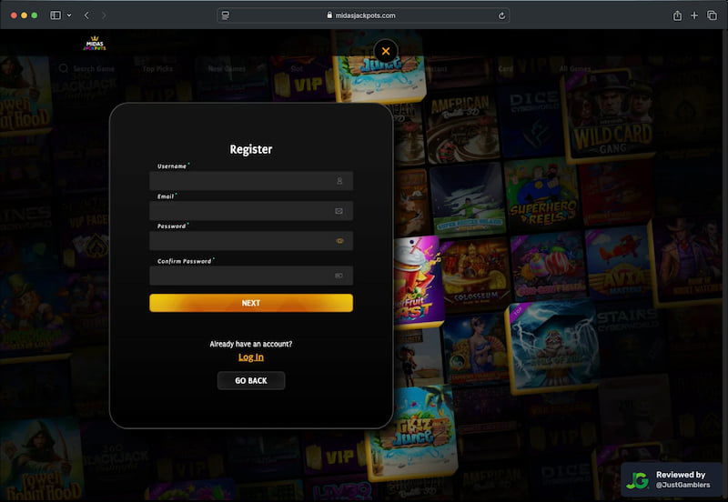 Desktop screenshot of the registration page at Midas Jackpots.