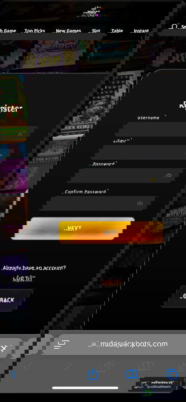 Mobile screenshot of the registration page at Midas Jackpots.