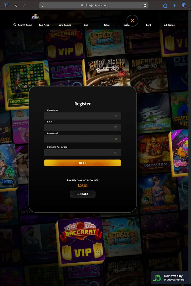 Tablet screenshot of the registration page at Midas Jackpots.