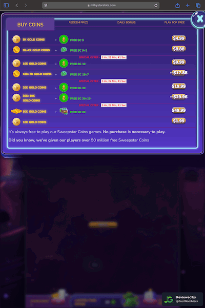 Tablet screenshot of the coin purchase process at Milky Star Slots.