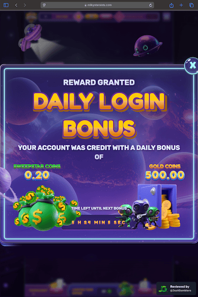 Tablet screenshot of the promo page at Milky Star Slots.