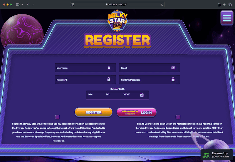 Desktop screenshot of the registration page at Milky Star Slots.