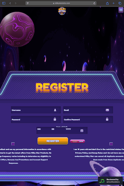 Tablet screenshot of the registration page at Milky Star Slots.