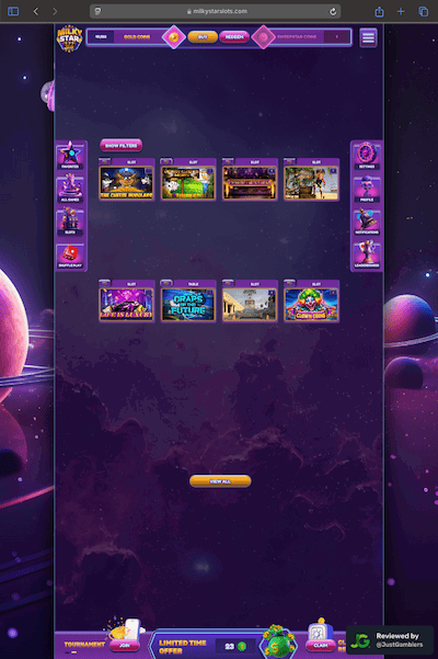 Tablet screenshot of the starting page at Milky Star Slots.