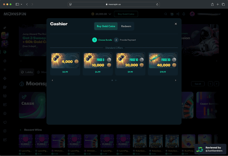 Desktop screenshot of the coin purchase process at Moonspin.