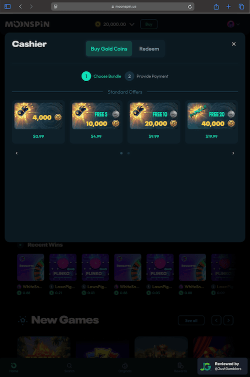 Tablet screenshot of the coin purchase process at Moonspin.