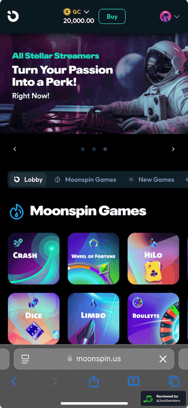 Mobile screenshot of the starting page at Moonspin.