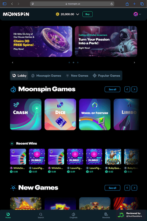 Tablet screenshot of the starting page at Moonspin.