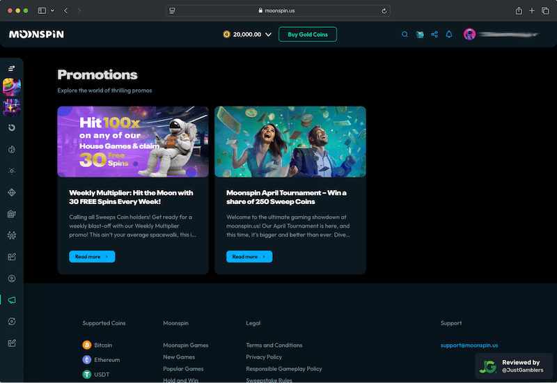 Desktop screenshot of the promo page at Moonspin.