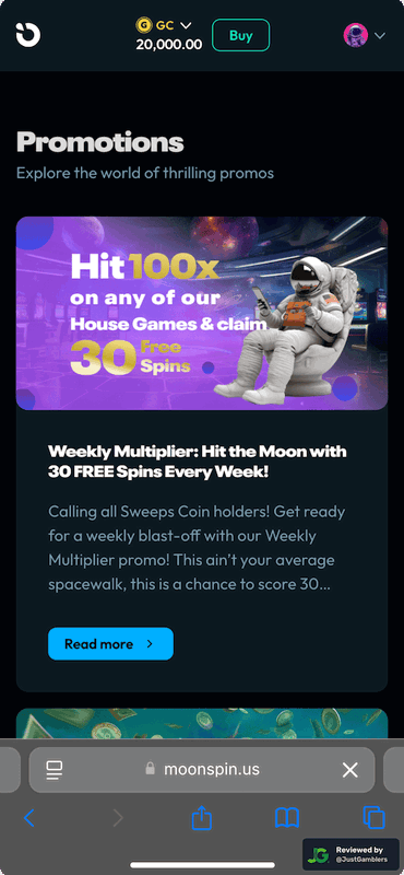 Mobile screenshot of the promo page at Moonspin.