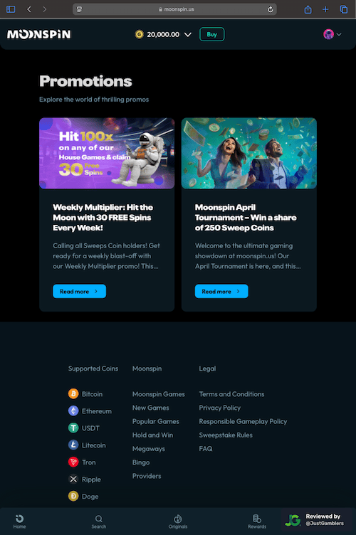 Tablet screenshot of the promo page at Moonspin.