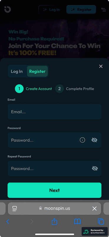 Mobile screenshot of the registration page at Moonspin.