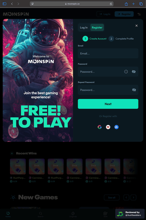 Tablet screenshot of the registration page at Moonspin.