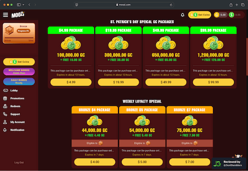 Desktop screenshot of the coin purchase process at Moozi Casino.