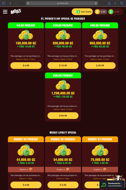 Tablet screenshot of the coin purchase process at Moozi Casino.