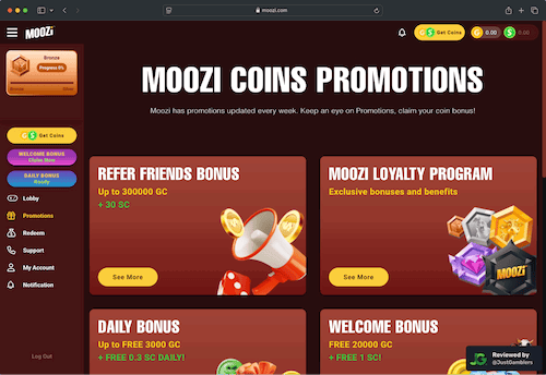Desktop screenshot of the promo page at Moozi Casino.
