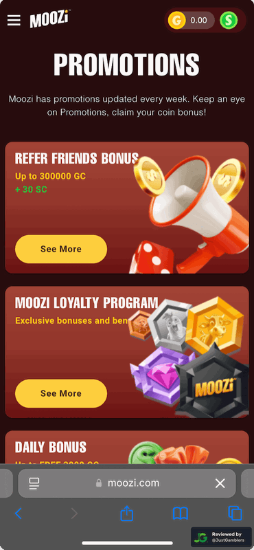 Mobile screenshot of the promo page at Moozi Casino.