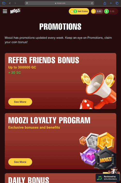 Tablet screenshot of the promo page at Moozi Casino.