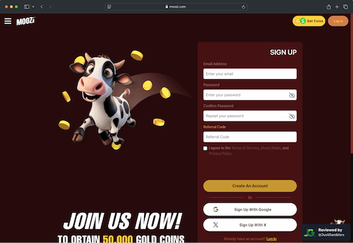 Desktop screenshot of the registration page at Moozi Casino.
