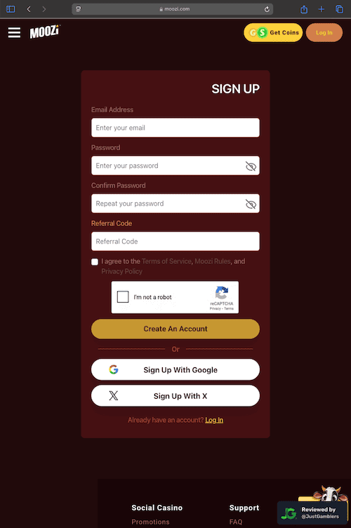 Tablet screenshot of the registration page at Moozi Casino.