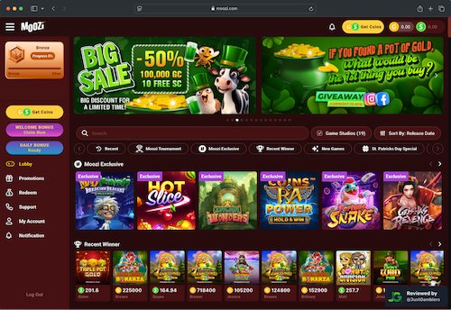 Desktop screenshot of the starting page at Moozi Casino.