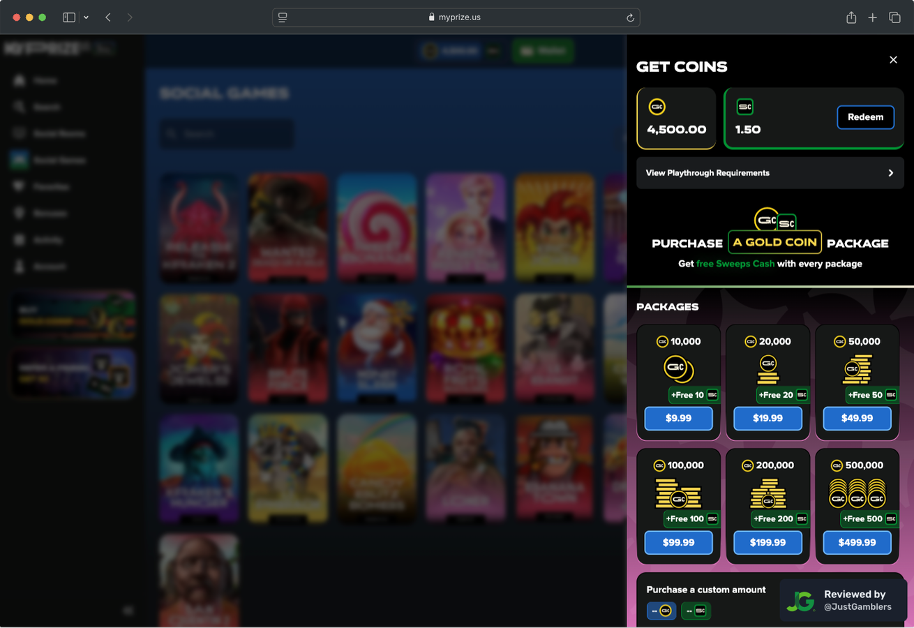 Desktop screenshot of the coin purchase process at MyPrize.