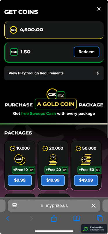 Mobile screenshot of the coin purchase process at MyPrize US.
